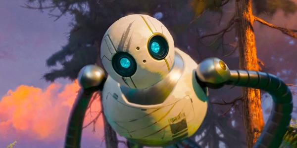 Roz the robot cocking her head in The Wild Robot