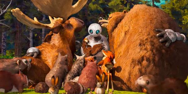 Roz the robot surrounded by the animals of the forest in The Wild Robot