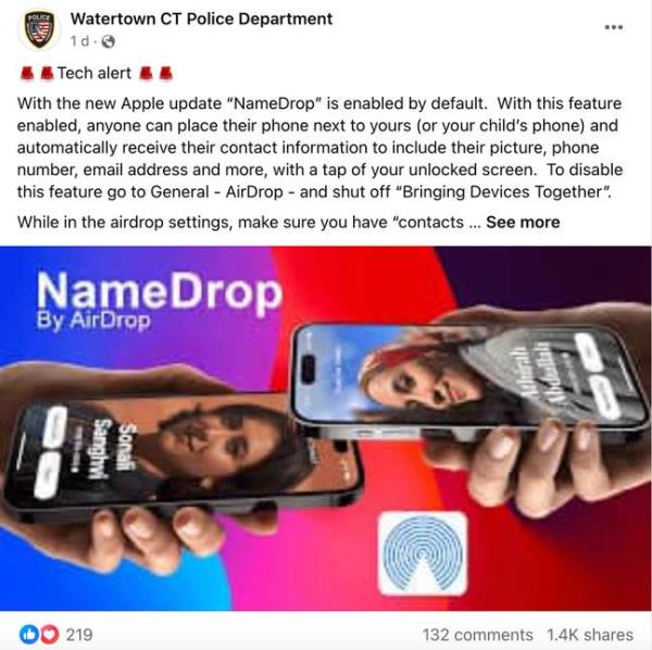 Watertown CT Police Department spoke out a<em></em>bout the feature in a post to Facebook. Credit: Facebook/ Watertown CT Police Department 